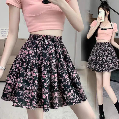 French Style Vintage And Little Fresh Cherry Floral A- Line Skirt