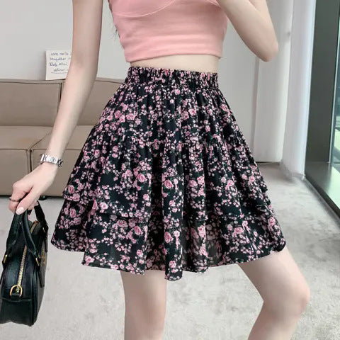 French Style Vintage And Little Fresh Cherry Floral A- Line Skirt